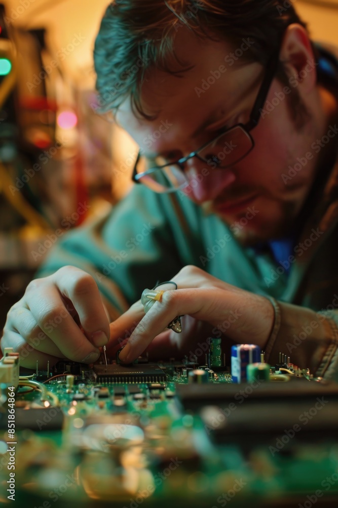 Poster a person repairing or upgrading a computer's motherboard in a workshop or home environment
