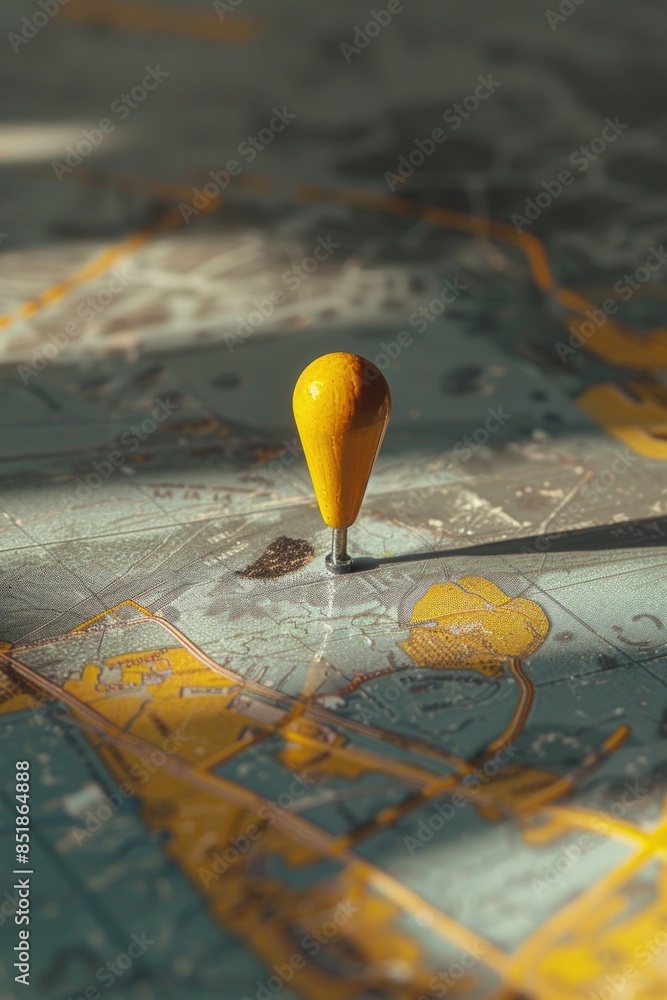 Poster a map with a pin marking a location, featuring an orange at the center