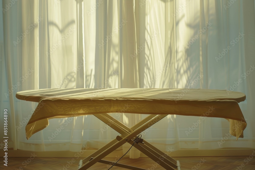 Poster a wooden table with an ironing board placed on top, ready for use