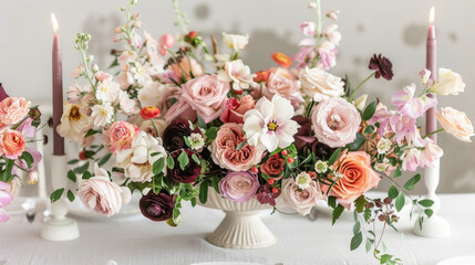 A large, elegant floral centerpiece featuring pink, white, and burgundy flowers arranged in a white pedestal bowl. Two tall candles are placed on either side of the arrangement