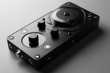 A futuristic, compact audio interface with a sleek design, offering highquality sound processing and minimalistic controls for musicians