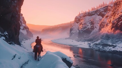 Fototapeta premium Cowboy on horseback in rugged lands with snow.