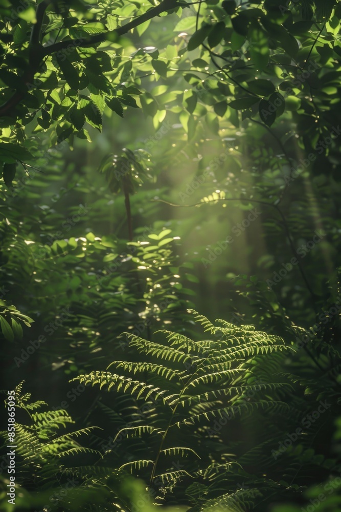 Aufkleber Sunlight filtering through trees in a forest setting