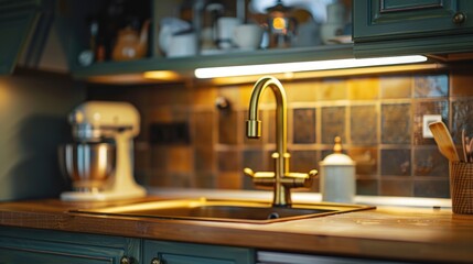 A kitchen sink with a faucet, suitable for various uses