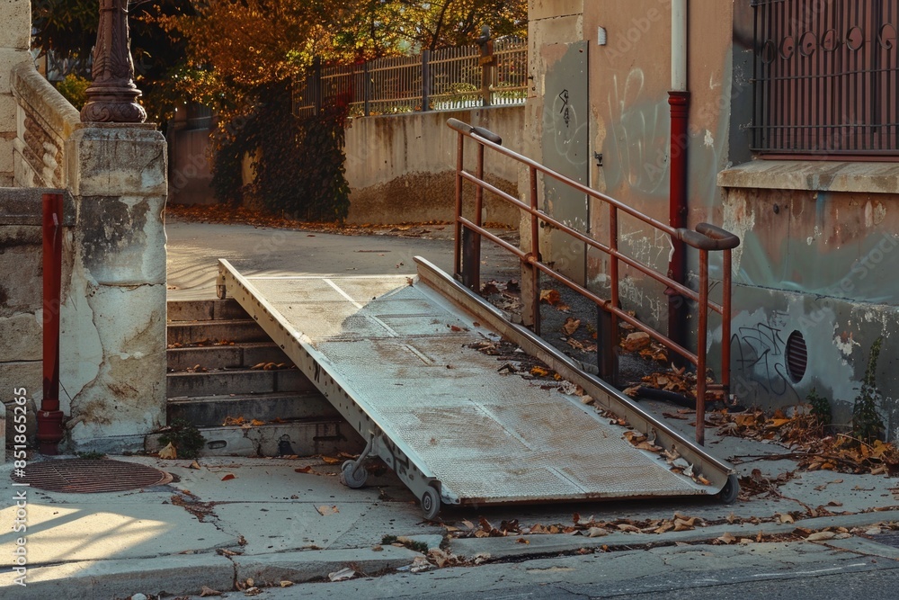 Poster Image shows a ramp on the side of a street next to a building, useful for architectural or urban planning projects