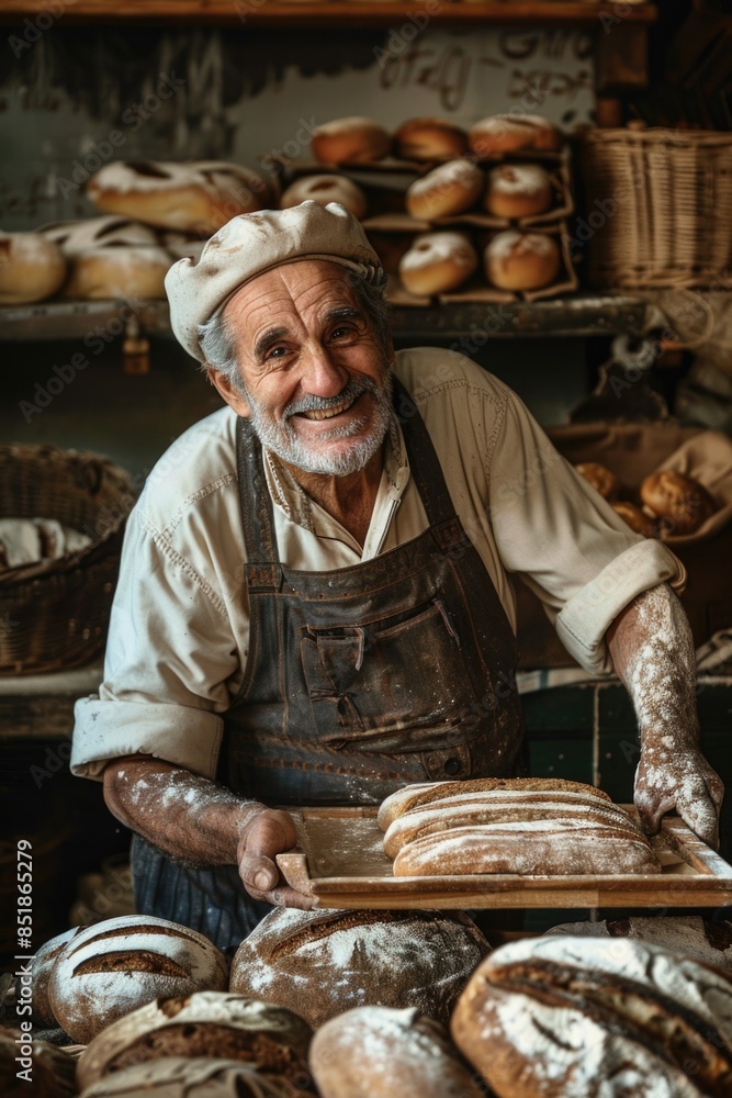 Poster a person wearing an apron and hat standing next to a table filled with various types of bread