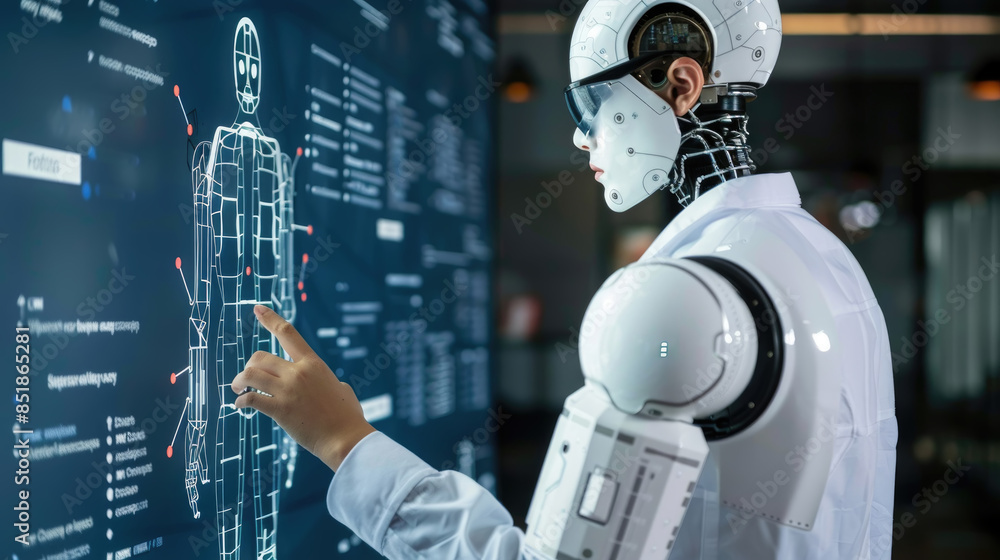 Poster white robot in lab coat interacts with digital human on screen, pointing with right hand towards mod