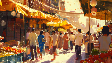 Naklejka premium Vibrant Gouache Illustration of Bustling Midday Market Scene with Colorful Stalls and Lively People in Warm Sunlight