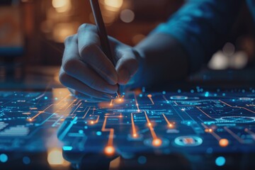 A person drawing with a pencil on a electronic circuit board