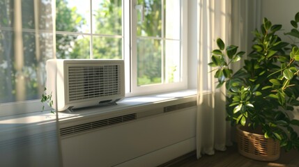 Fototapeta premium Air conditioner unit sitting beside a potted plant on a window sill