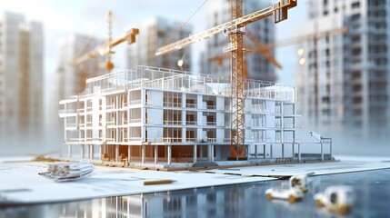 Detailed 3D Rendering of an Ongoing Architectural Construction Project in a Modern Cityscape