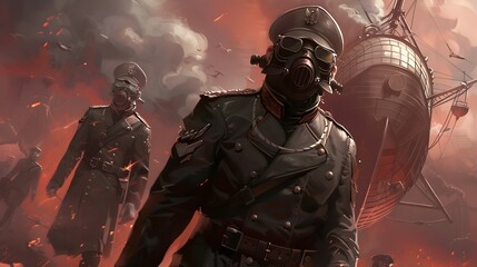 Fototapeta premium Disciplined Airship Captain Leading a Daring Steampunk Crew into Battle