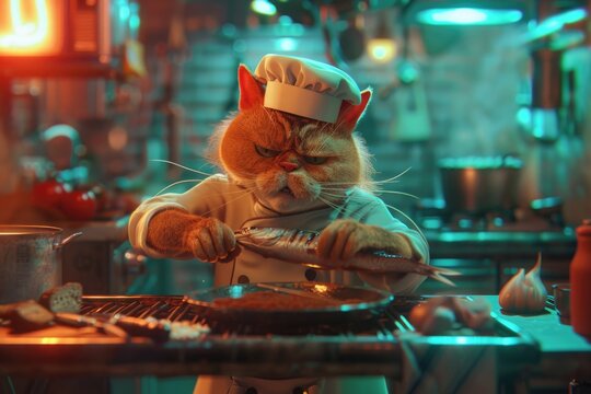 A feline chef in a kitchen setting, cooking and grilling food