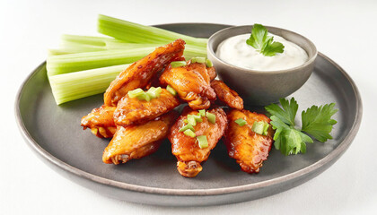Fototapeta premium Spicy buffalo chicken wings on plate with celery, ranch dipping sauce, on a plate.