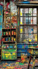 Fototapeta premium A close-up of an artists workspace, featuring a wall adorned with splashes of paint, a window looking out onto a brick building, and shelves filled with paint containers and tools