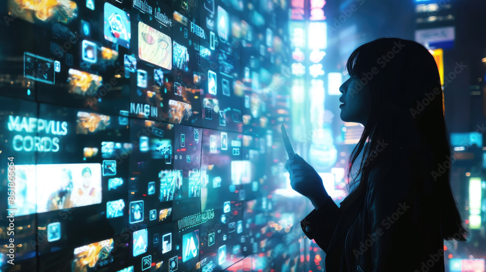 Poster a woman stands in a city setting at night, reaching out to touch an interactive digital screen displ