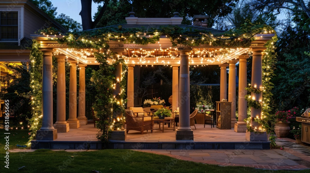 Poster an elegant gazebo setup in a backyard with ivy-draped columns and warm string lights woven through t