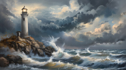 Stormy Seascape: Moody Oil Painting of Old Lighthouse on Rocky Cliff with Dramatic Waves and Dark Clouds