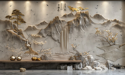 Living room with massive stucco wall decoration in japanese style. 