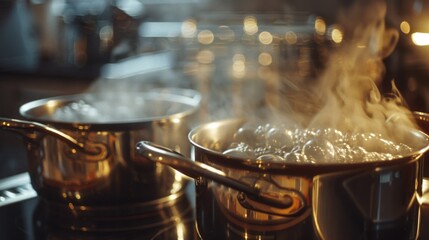 Two pots cooking on a stove with gas burners