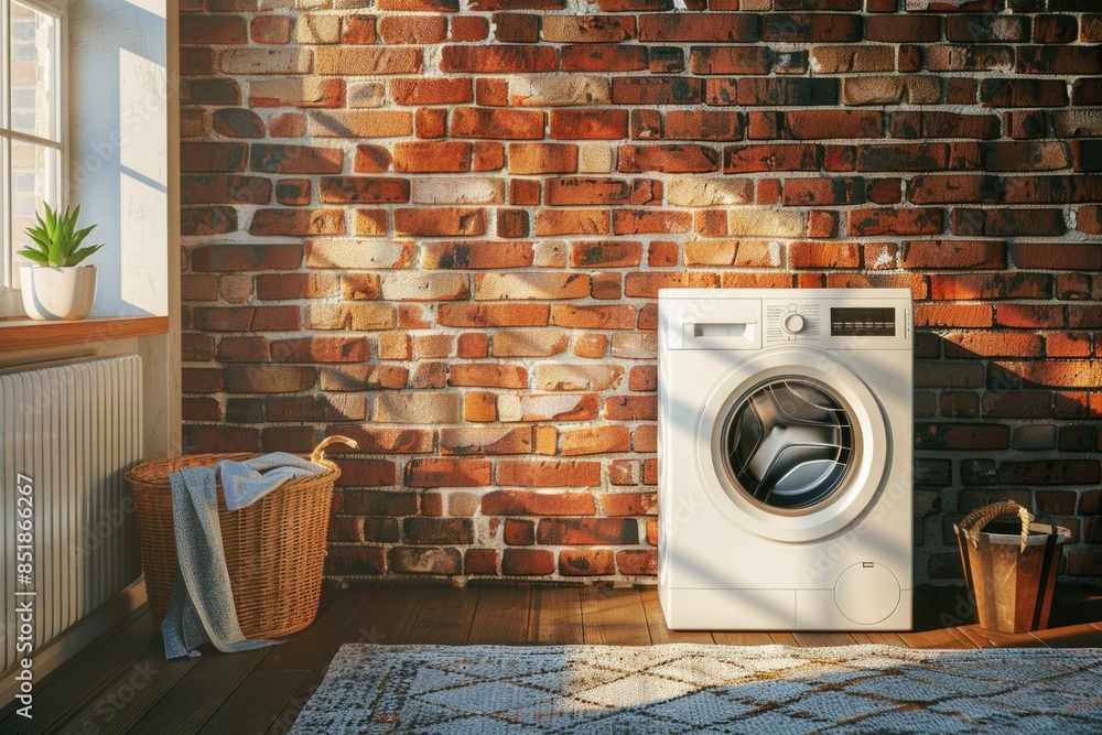 Poster a close-up shot of a washing machine placed in front of a brick wall, providing a simple and practic