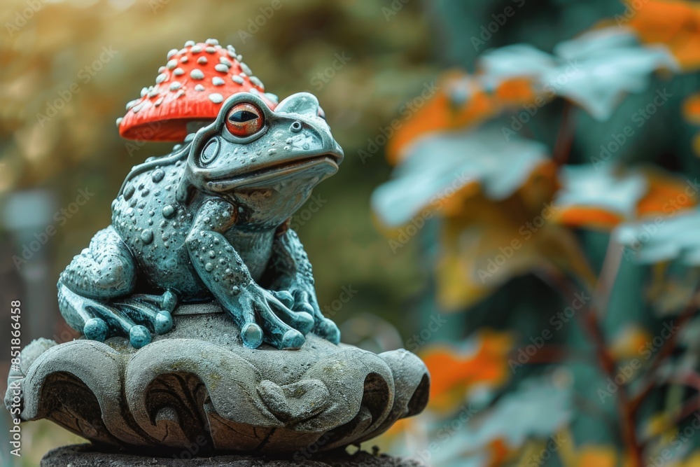 Poster A statue of a frog with a mushroom on its head