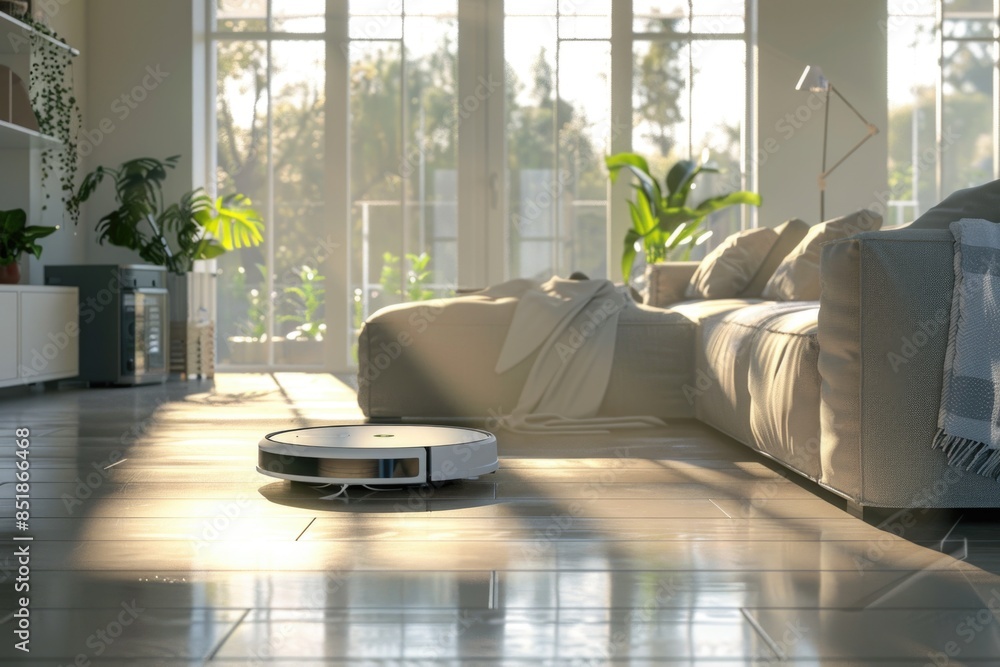 Poster A living room scene featuring a couch and a robot on the floor