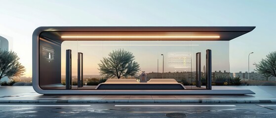 A futuristic, minimalistic bus stop with an integrated digital timetable and smart seating that adjusts for comfort