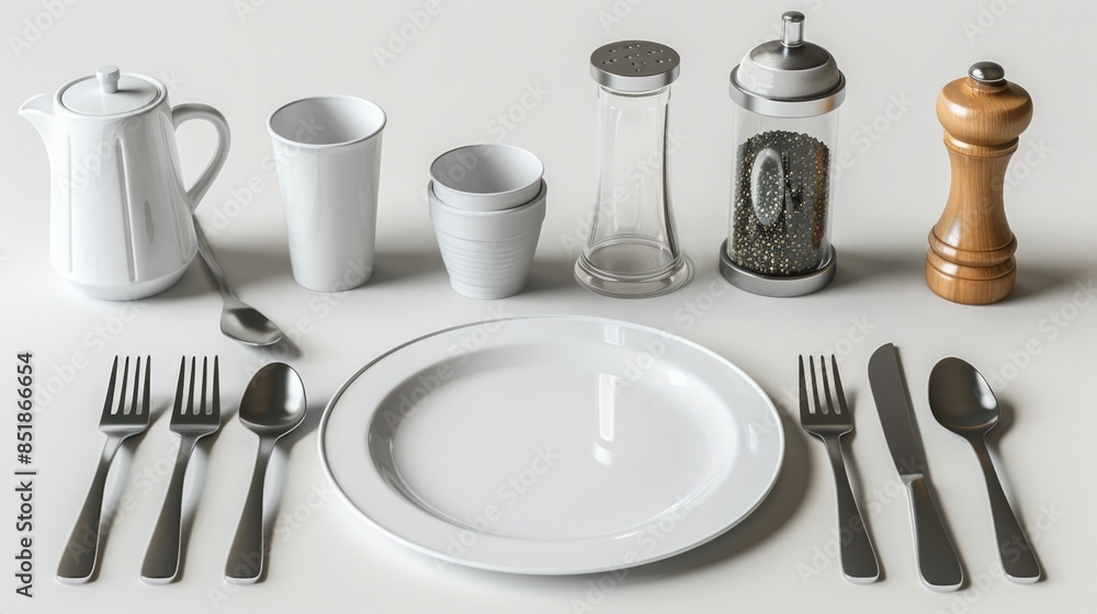Poster a traditional table setting with a white plate and silverware, ideal for formal events or special oc