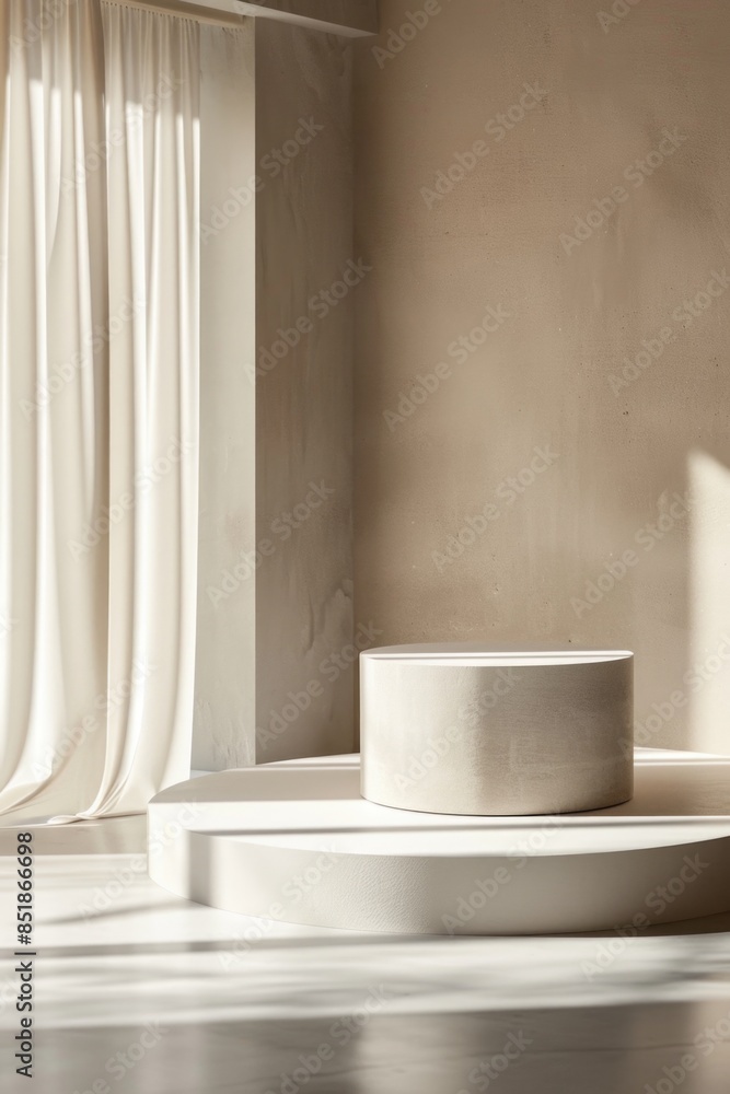 Poster a simple interior scene with a white pedestal in front of a window