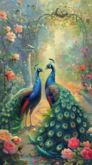 Majestic Peacocks on Garden Path with Blooming Flowers - Vibrant Illustration with Detailed Feathers and Copy Space