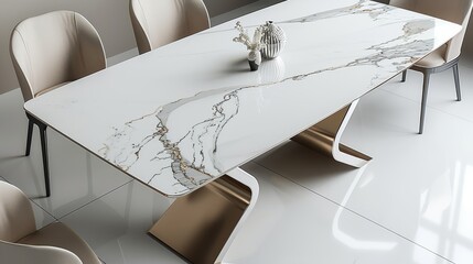 Dining table design. The table has a marble tabletop with stainless steel legs in a minimalist style. It is show on a white background with a high-end texture from a top view angle. Generative AI.