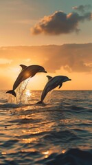 Harmony of Dolphins: Majestic Duo Leaping at Sunset