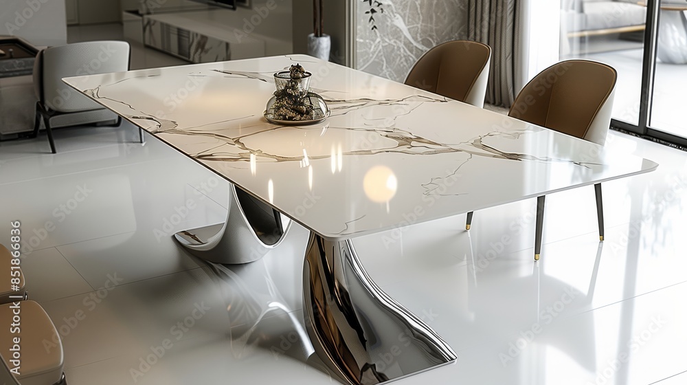Poster Dining table design. The table has a marble tabletop with stainless steel legs in a minimalist style. It is show on a white background with a high-end texture from a top view angle. Generative AI.