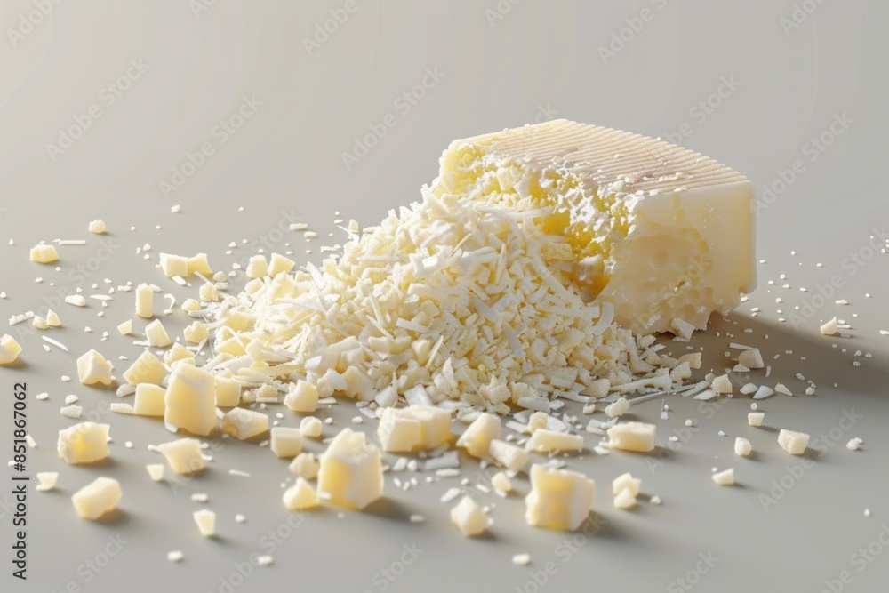Poster a block of cheese with shredded cheese on top, perfect for snacking or adding to recipes