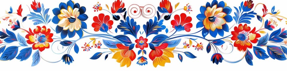 folk vintage embroidery floral border banner on white background