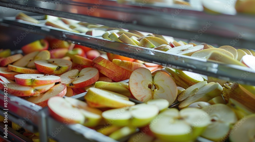 Poster freshly sliced apples arranged neatly in a wooden display case, perfect for snacks or as a centerpie