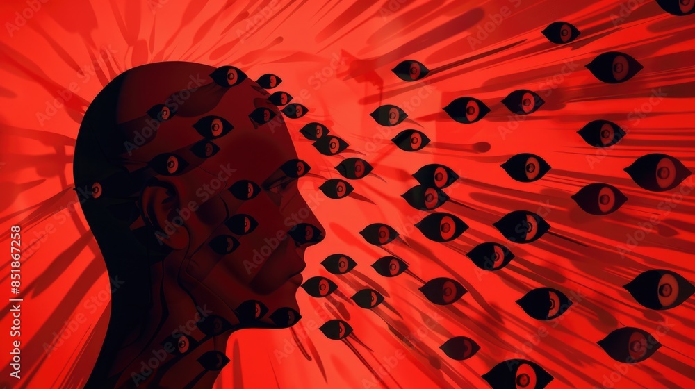 Poster A person standing against a red background with numerous circles, possibly representing ideas or concepts