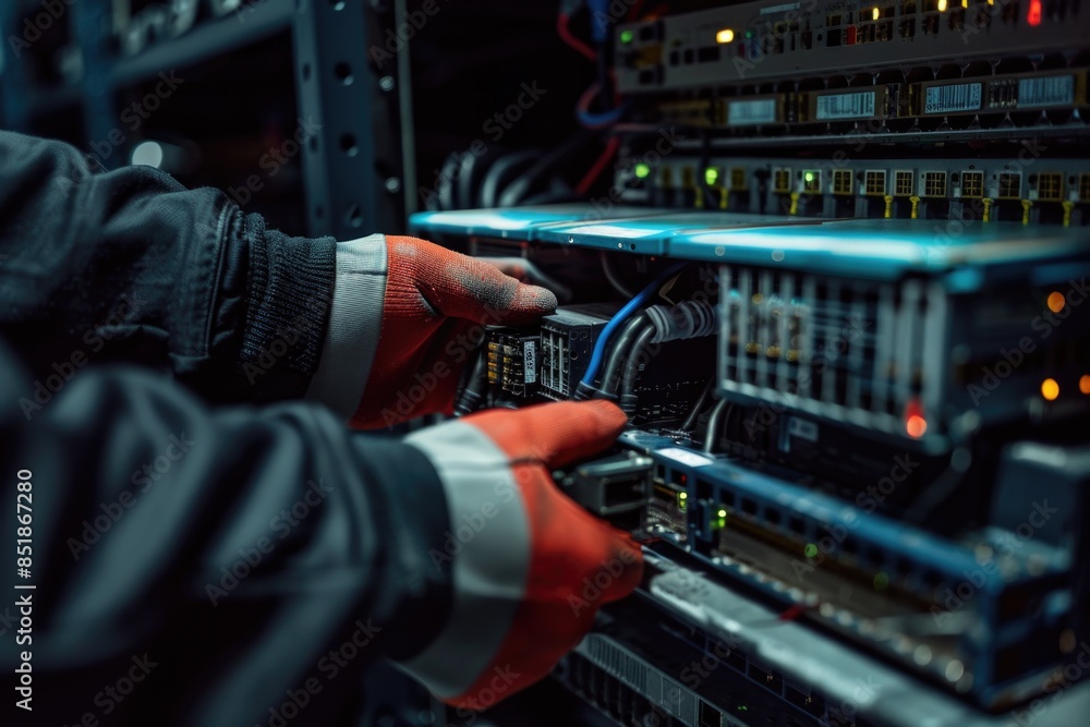 Leinwandbilder a person works on a server in a server room, ideal for technology and it-related uses