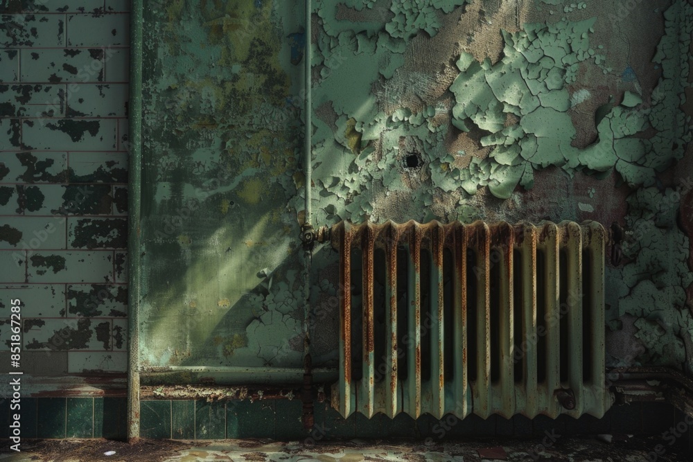 Poster a worn out radiator in a rundown room with peeling paint, suitable for use in stock footage or as ba