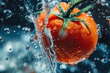 Fresh red tomato in water with splashes. 