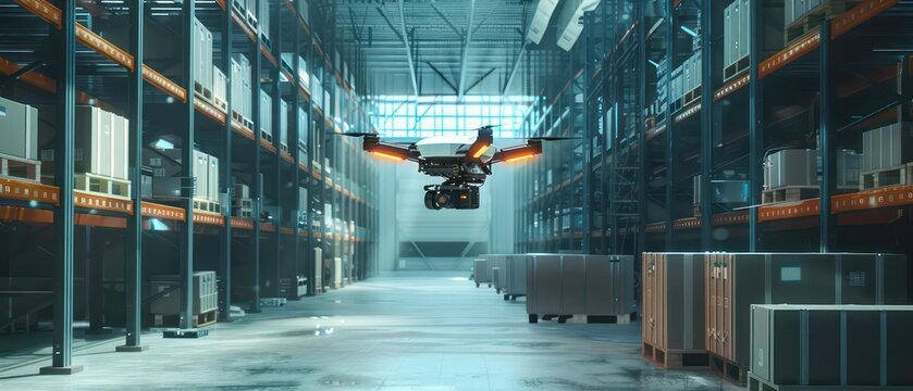 A futuristic warehouse with drones conducting realtime inventory management in a hightech environment