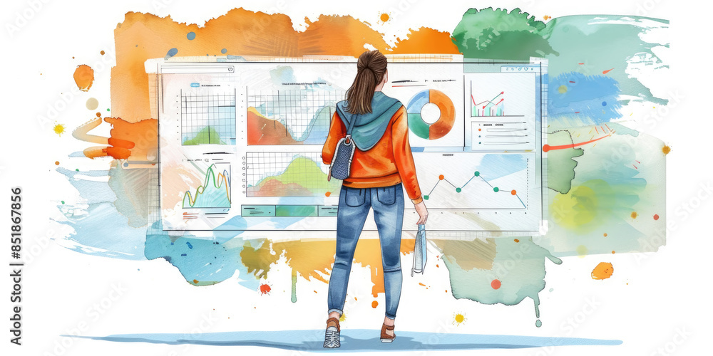 Poster a woman in casual clothing stands in front of a large digital screen displaying various charts and g
