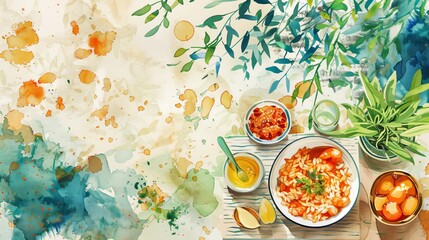 Orzo flat design front view Mediterranean cuisine theme watercolor Analogous Color Scheme