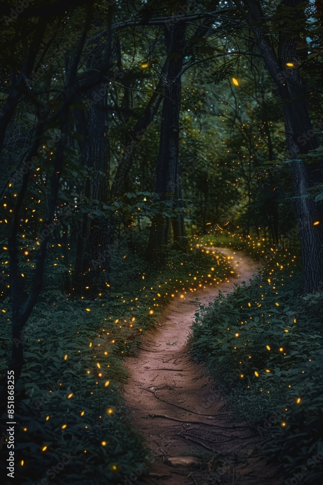 Poster a serene atmosphere with fireflies lighting up the sky amidst a forest setting, suitable for use in 