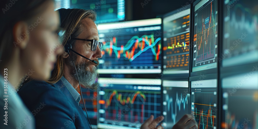 Poster team of business people engaged in strategy analysis during a stock market recession, focus on inter