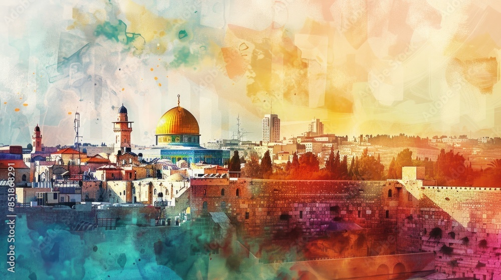 Poster A painting of a city with a unique dome structure, suitable for use in urban planning or architecture context
