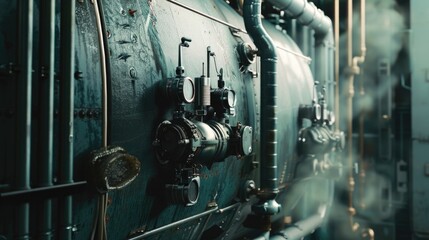 Fototapeta premium A close-up shot of a metal door with pipes attached, suitable for industrial or mechanical design concepts