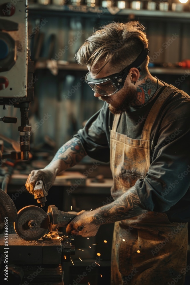 Poster a person working on a metal piece with tools and machinery in the background