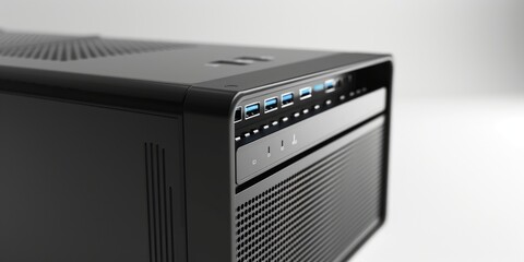 Fototapeta premium A close-up view of a desktop computer on a table, showing details of the keyboard and screen